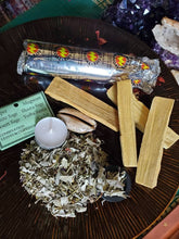 Load image into Gallery viewer, Mini Spiritual Cleansing Kit (1 Palo Santo. 1 Spiritual Protection Blend. 1 Tea-light Candle. 1 Charcoal.)