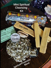 Load image into Gallery viewer, Mini Spiritual Cleansing Kit (1 Palo Santo. 1 Spiritual Protection Blend. 1 Tea-light Candle. 1 Charcoal.)