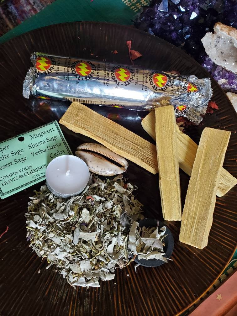 Mini Spiritual Cleansing Kit (1 Palo Santo. 1 Spiritual Protection Ble ...