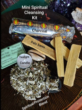 Load image into Gallery viewer, Mini Spiritual Cleansing Kit (1 Palo Santo. 1 Spiritual Protection Blend. 1 Tea-light Candle. 1 Charcoal.)
