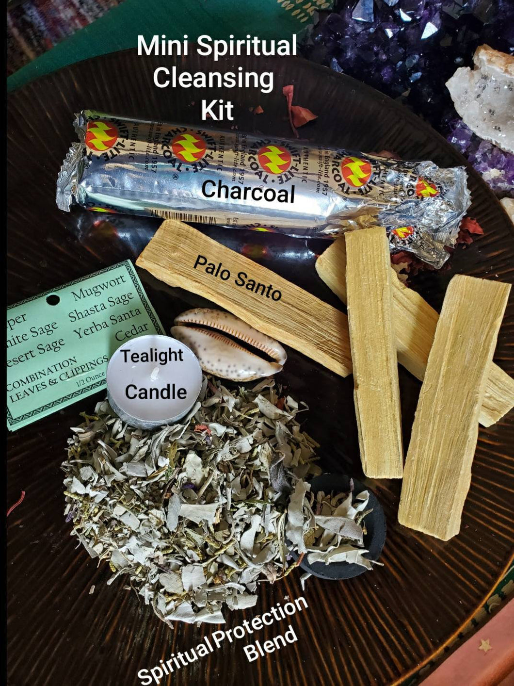 Mini Spiritual Cleansing Kit (1 Palo Santo. 1 Spiritual Protection Blend. 1 Tea-light Candle. 1 Charcoal.)